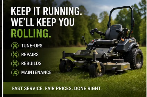 Turf & Trail banner — a zero turn mower on a lawn with the services listed: tune-ups, repairs, rebuilds and maintenance