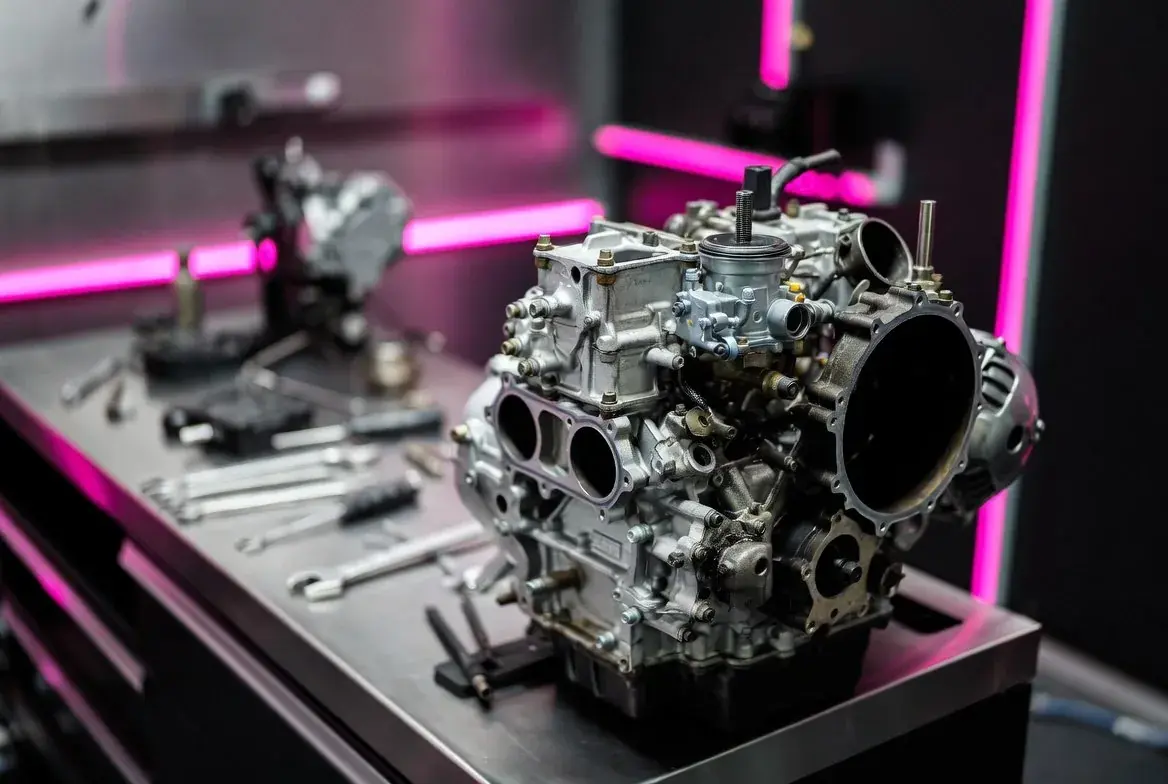 Disassembled small engine block on the workbench with tools