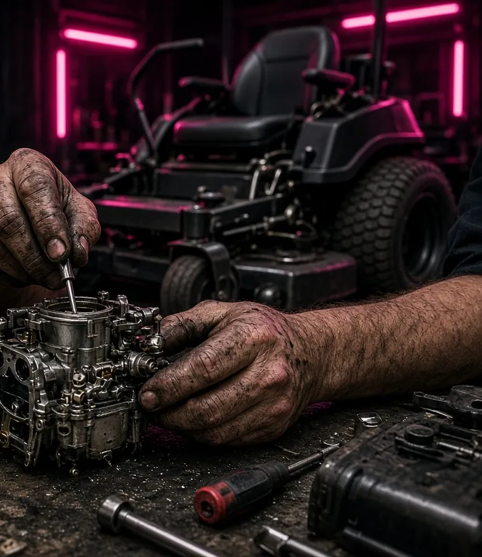 A technician rebuilding a small engine carburetor on a workbench, with a zero turn mower in the background