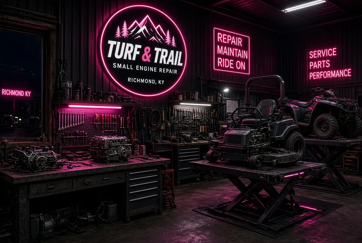 Interior of a small engine repair shop at night — workbench with tools, a zero turn mower on a lift, and an ATV parked alongside